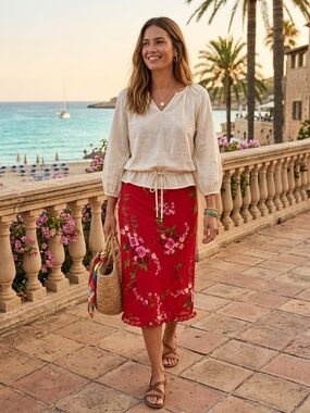 Johnny Was Red Floral Midi Skirt Large Silk Pink and Green Blooms